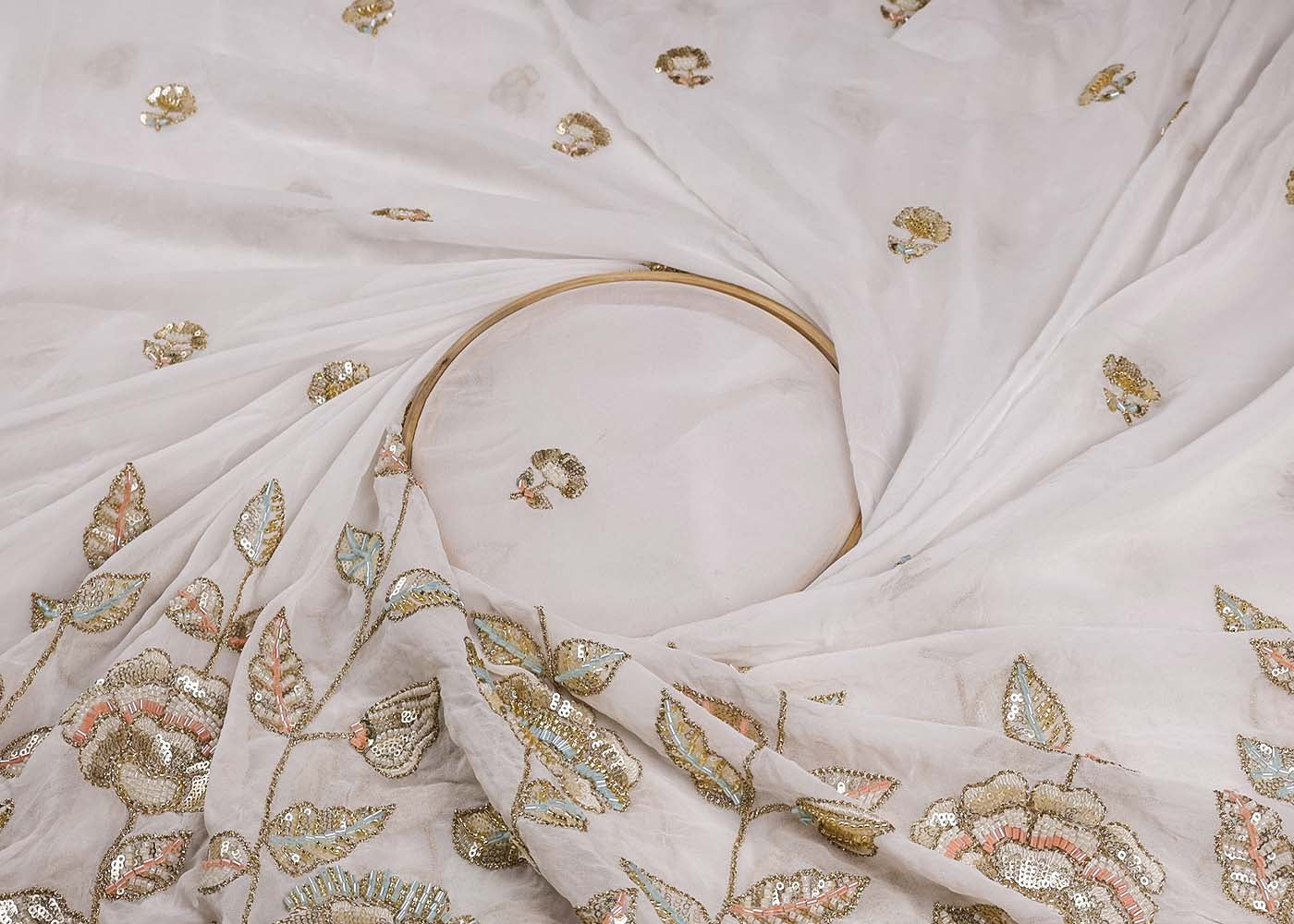 White Georgette Fabric With All Over Thread, Katdana And Sequins Buti With One Side Scalloped Border 16440
