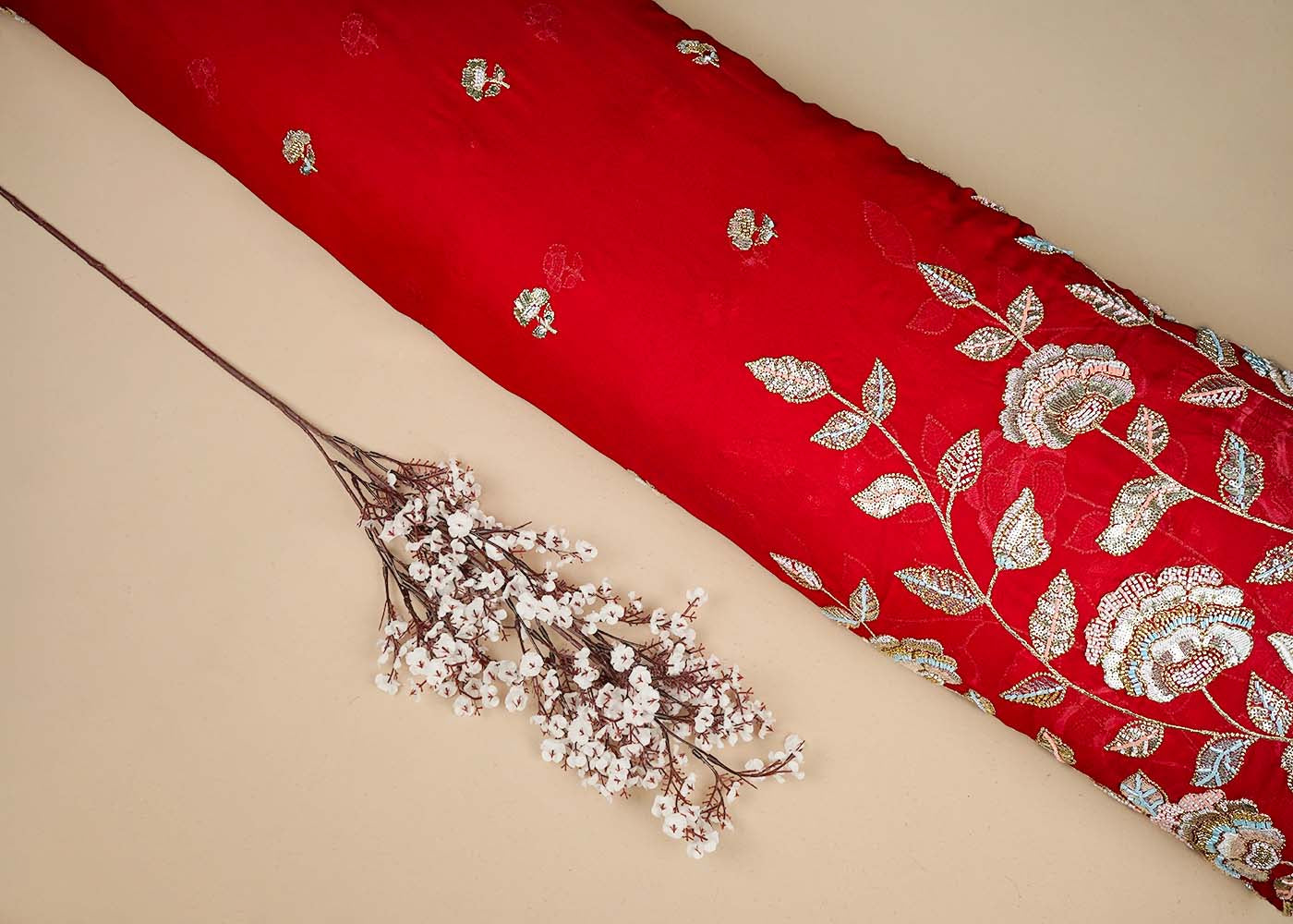 Red Georgette Fabric With All Over Thread, Katdana And Sequins Buti With One Side Scalloped Border 16441
