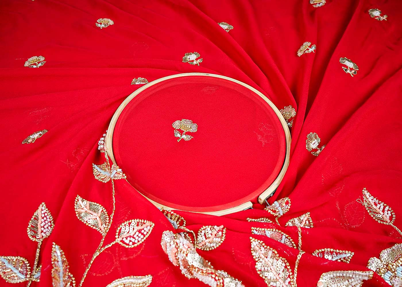 Red Georgette Fabric With All Over Thread, Katdana And Sequins Buti With One Side Scalloped Border 16441