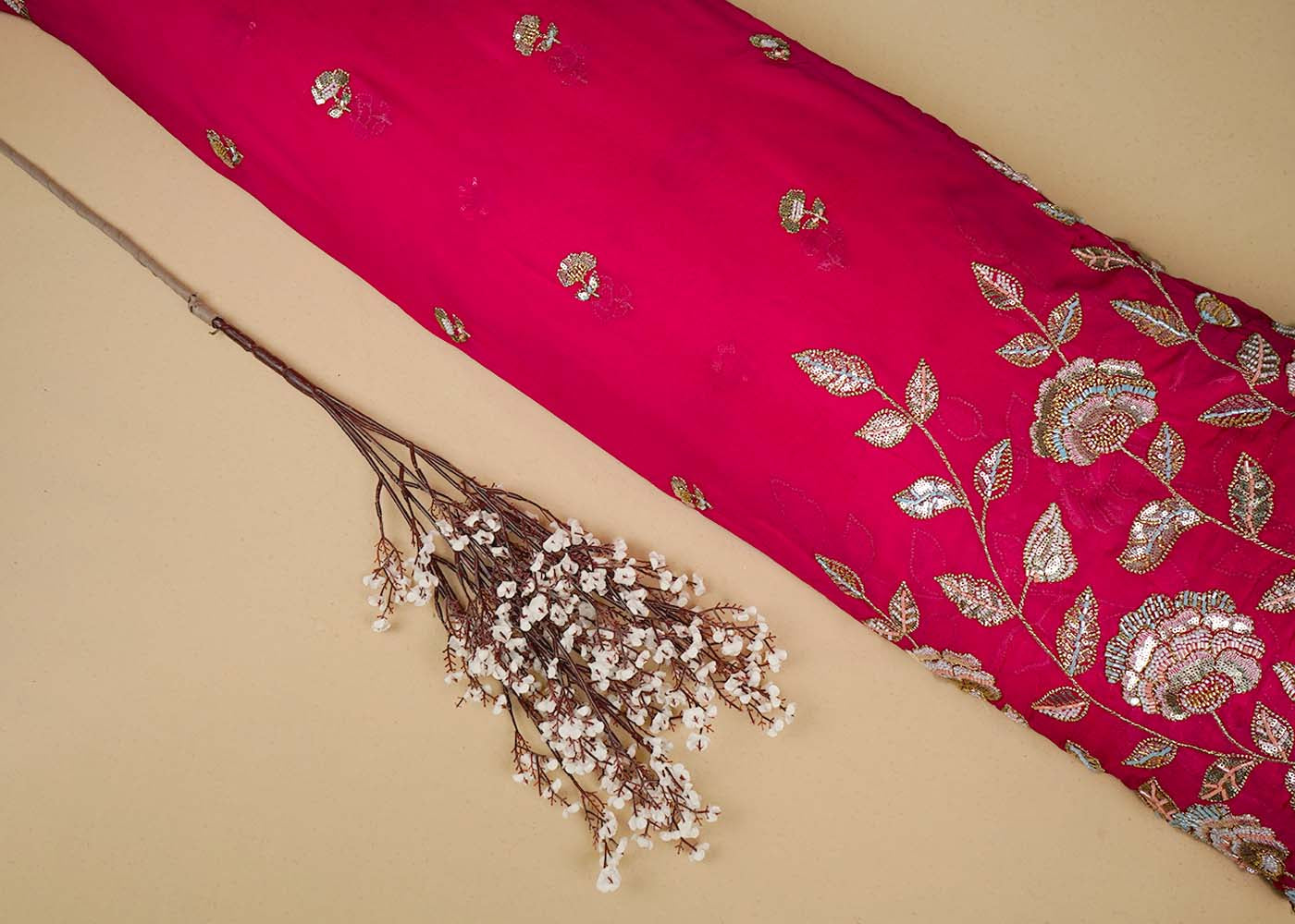 Rani Georgette Fabric With All Over Thread, Katdana And Sequins Buti With One Side Scalloped Border 16442