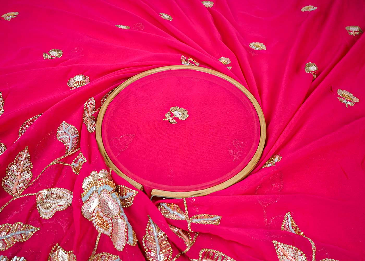 Rani Georgette Fabric With All Over Thread, Katdana And Sequins Buti With One Side Scalloped Border 16442