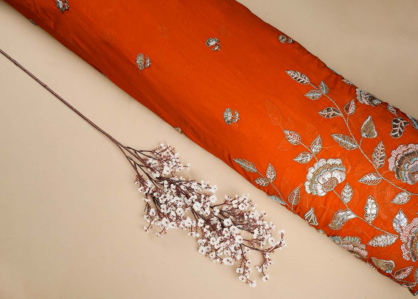 Orange Georgette Fabric With All Over Thread, Katdana And Sequins Buti With One Side Scalloped Border 16443
