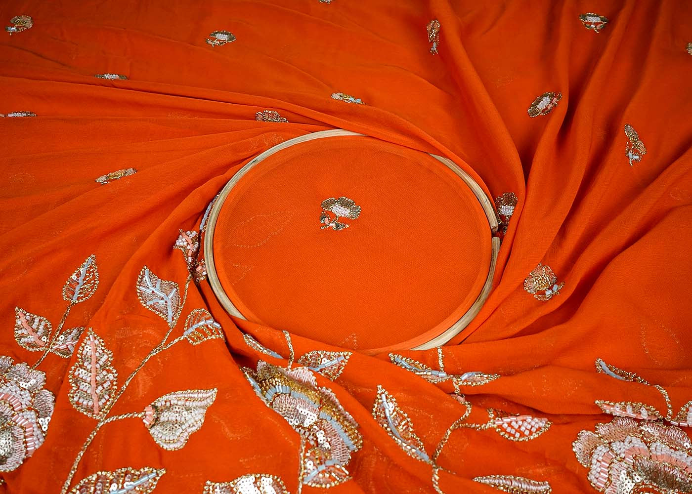 Orange Georgette Fabric With All Over Thread, Katdana And Sequins Buti With One Side Scalloped Border 16443