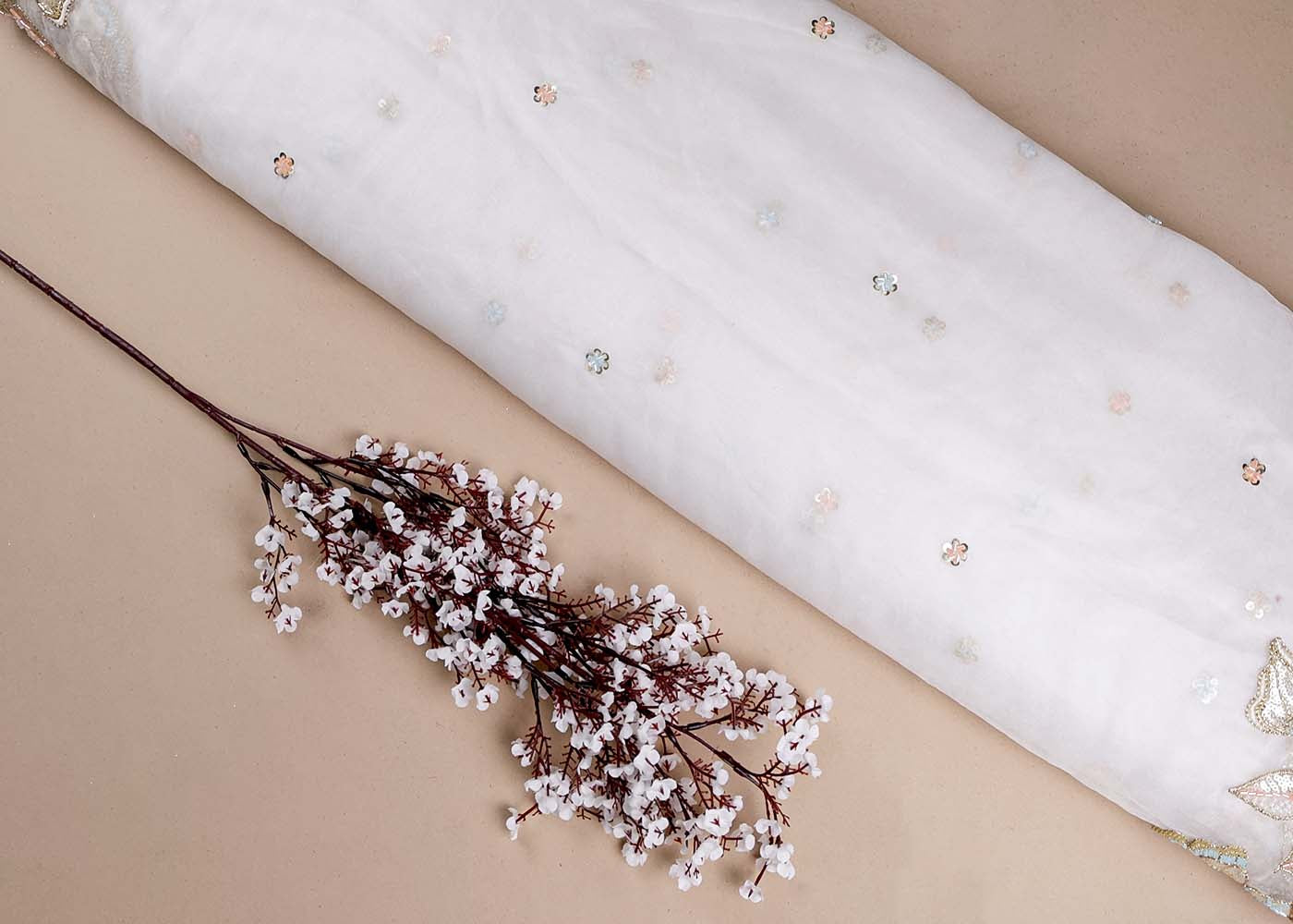 White Organza Fabric With All Over Thread, Katdana And Sequins Buti With Two Side Scalloped Border 16444