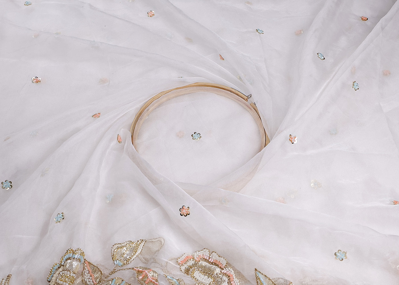 White Organza Fabric With All Over Thread, Katdana And Sequins Buti With Two Side Scalloped Border 16444