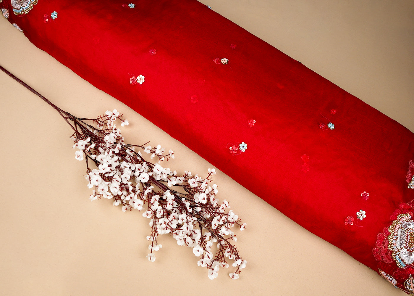 Red Organza Fabric With All Over Thread, Katdana And Sequins Buti With Two Side Scalloped Border 16445
