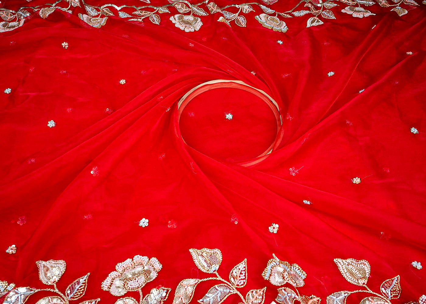 Red Organza Fabric With All Over Thread, Katdana And Sequins Buti With Two Side Scalloped Border 16445
