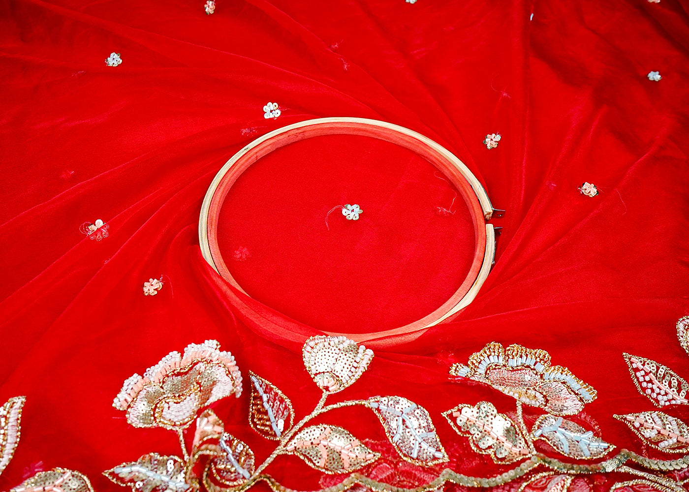 Red Organza Fabric With All Over Thread, Katdana And Sequins Buti With Two Side Scalloped Border 16445