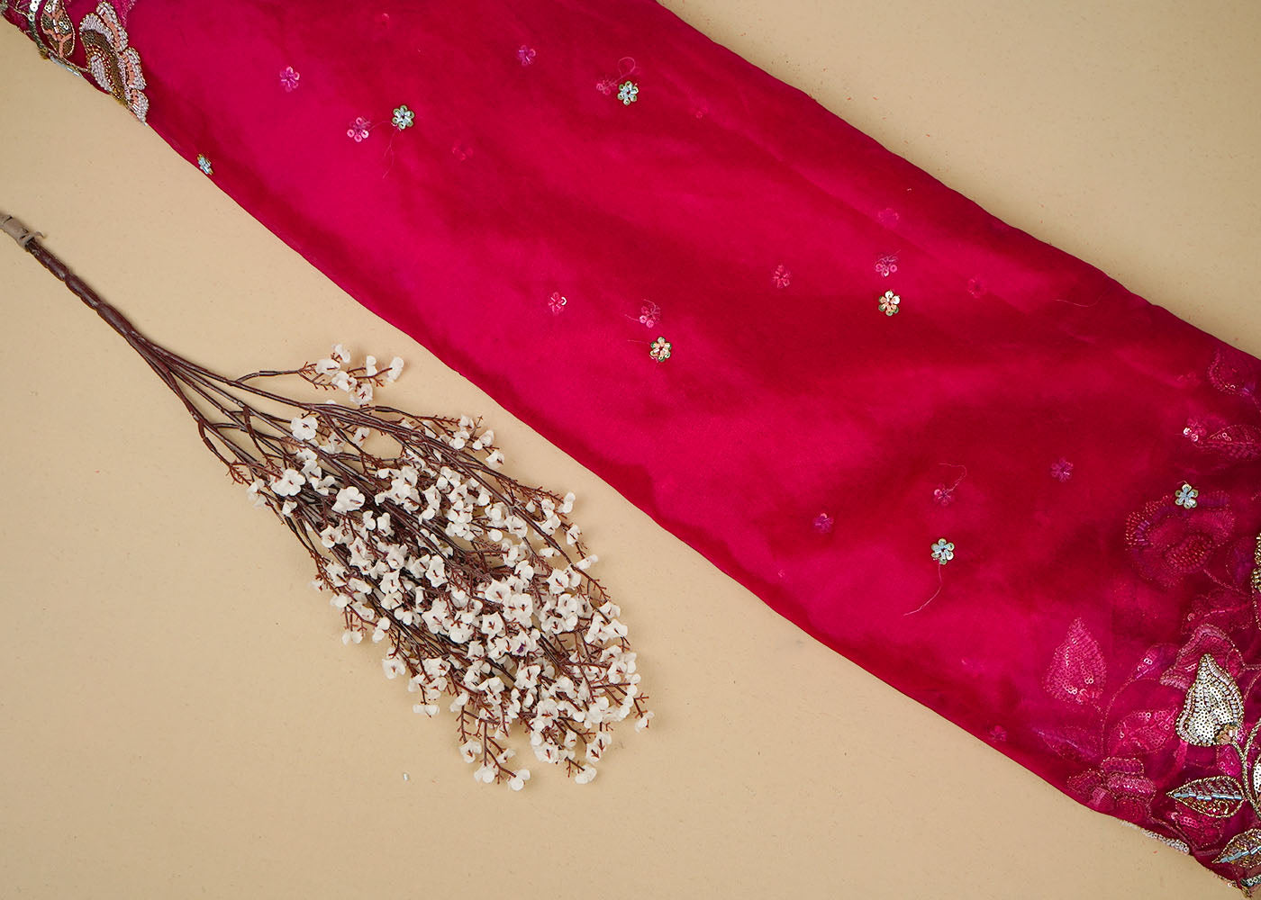 Rani Organza Fabric With All Over Thread, Katdana And Sequins Buti With Two Side Scalloped Border 16446