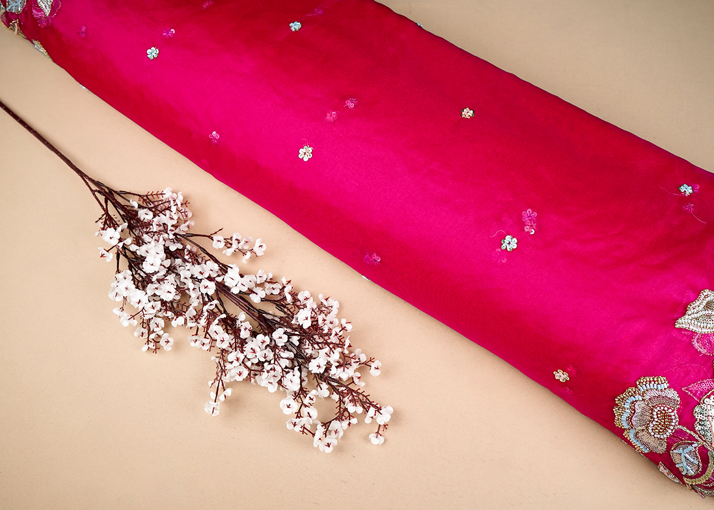 Rani Organza Fabric With All Over Thread, Katdana And Sequins Buti With Two Side Scalloped Border 16446