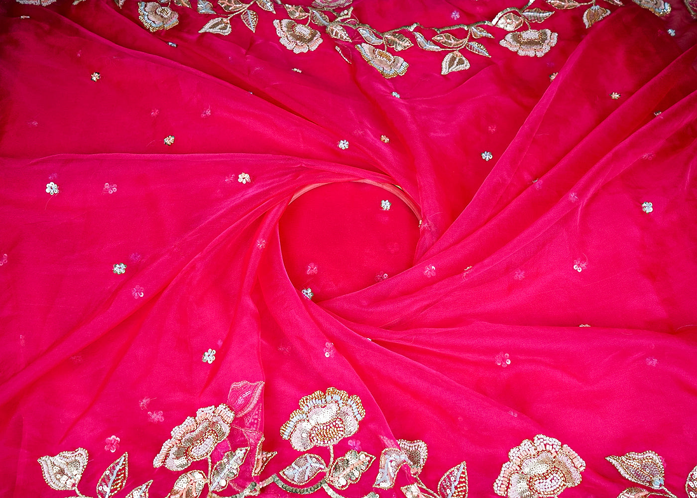 Rani Organza Fabric With All Over Thread, Katdana And Sequins Buti With Two Side Scalloped Border 16446