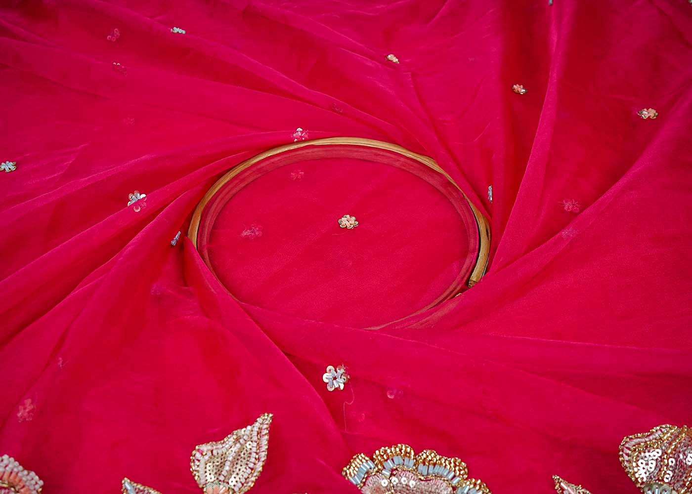 Rani Organza Fabric With All Over Thread, Katdana And Sequins Buti With Two Side Scalloped Border 16446