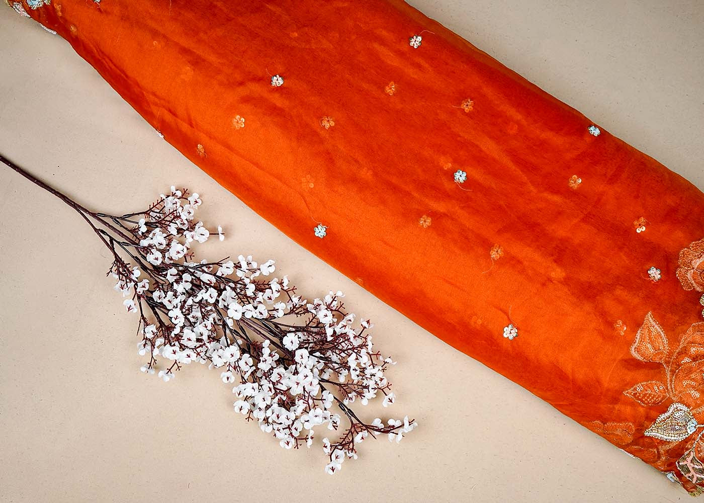 Orange Organza Fabric With All Over Thread, Katdana And Sequins Buti With Two Side Scalloped Border 16447