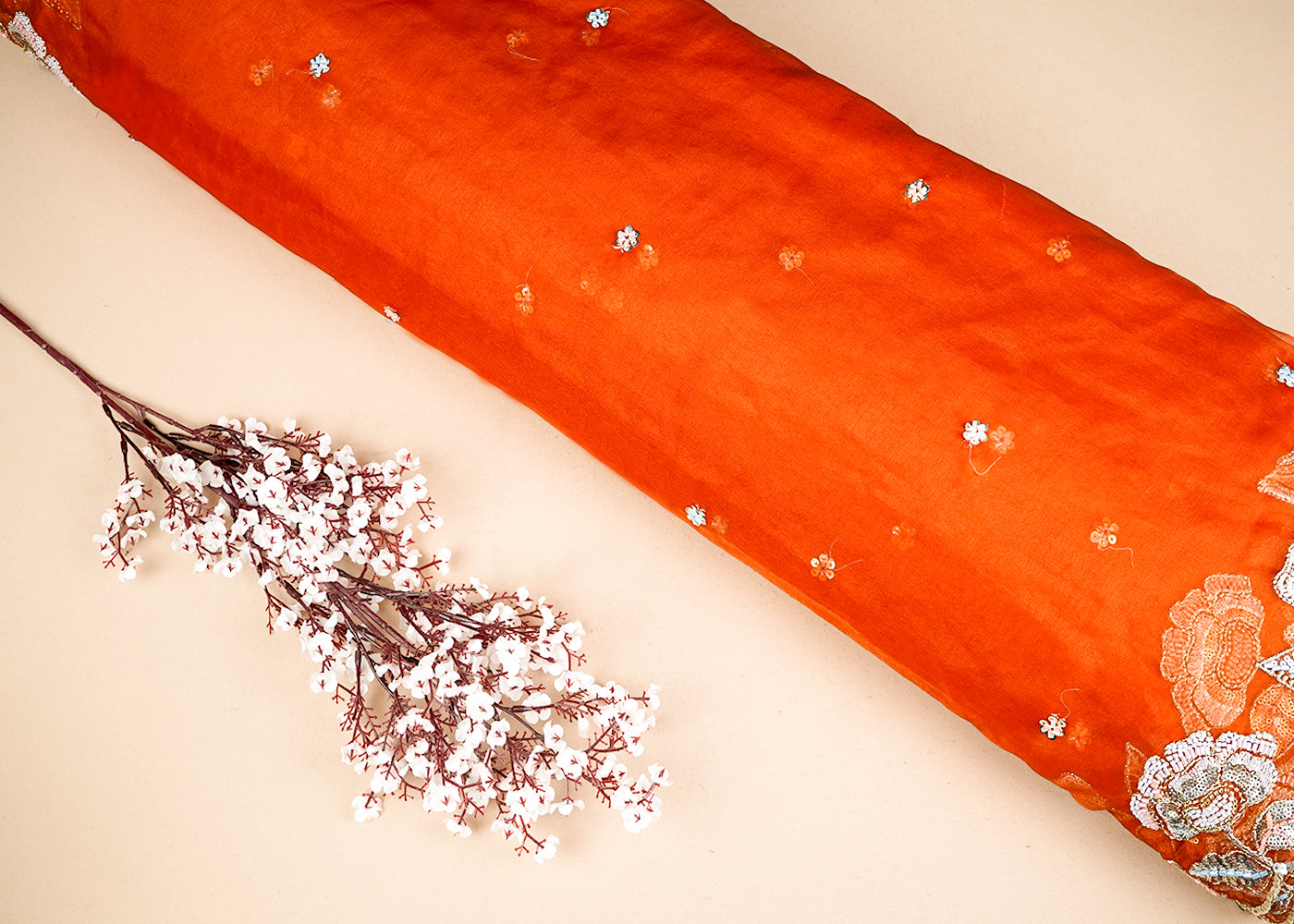 Orange Organza Fabric With All Over Thread, Katdana And Sequins Buti With Two Side Scalloped Border 16447