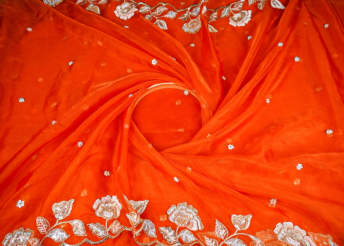Orange Organza Fabric With All Over Thread, Katdana And Sequins Buti With Two Side Scalloped Border 16447