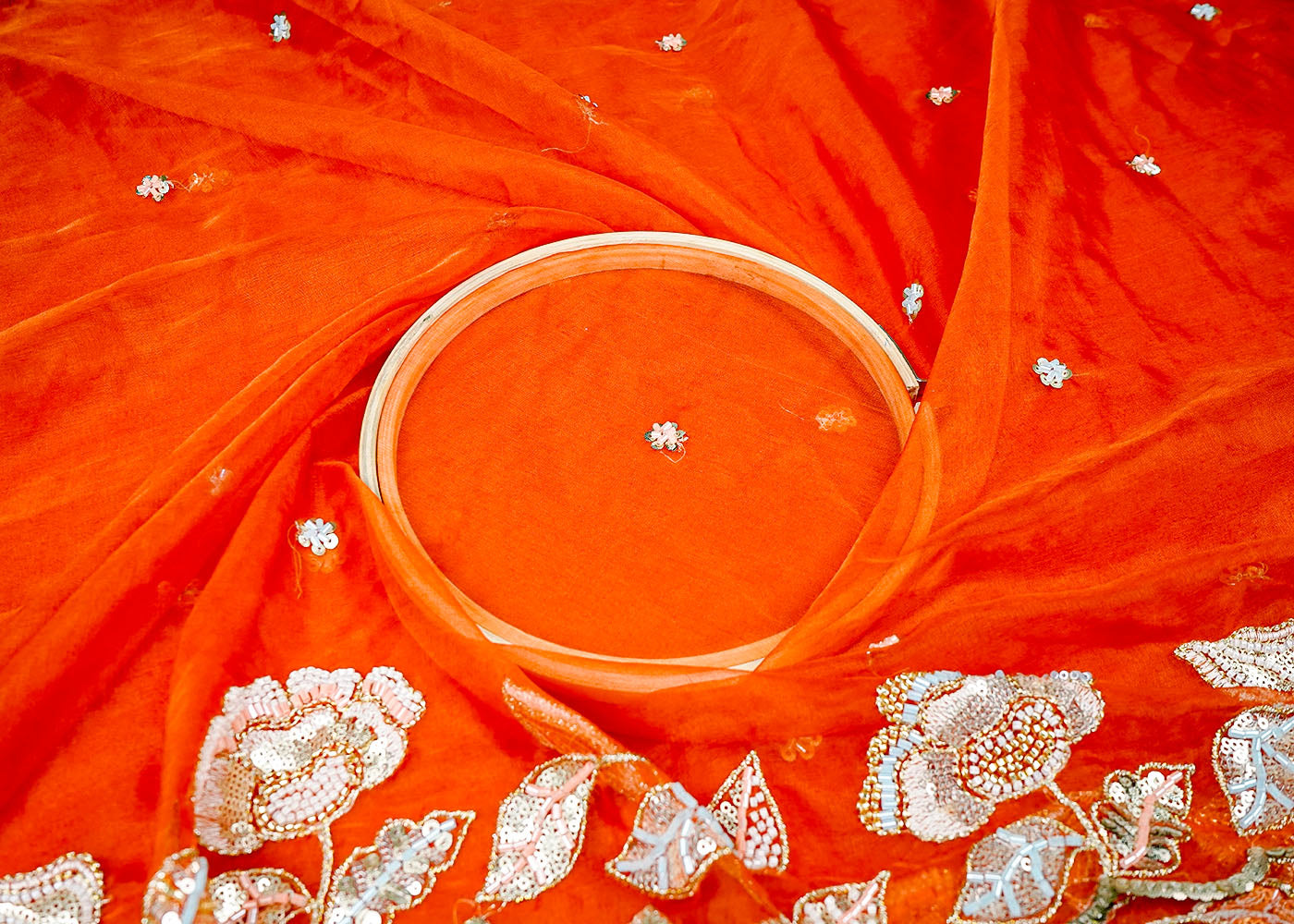 Orange Organza Fabric With All Over Thread, Katdana And Sequins Buti With Two Side Scalloped Border 16447
