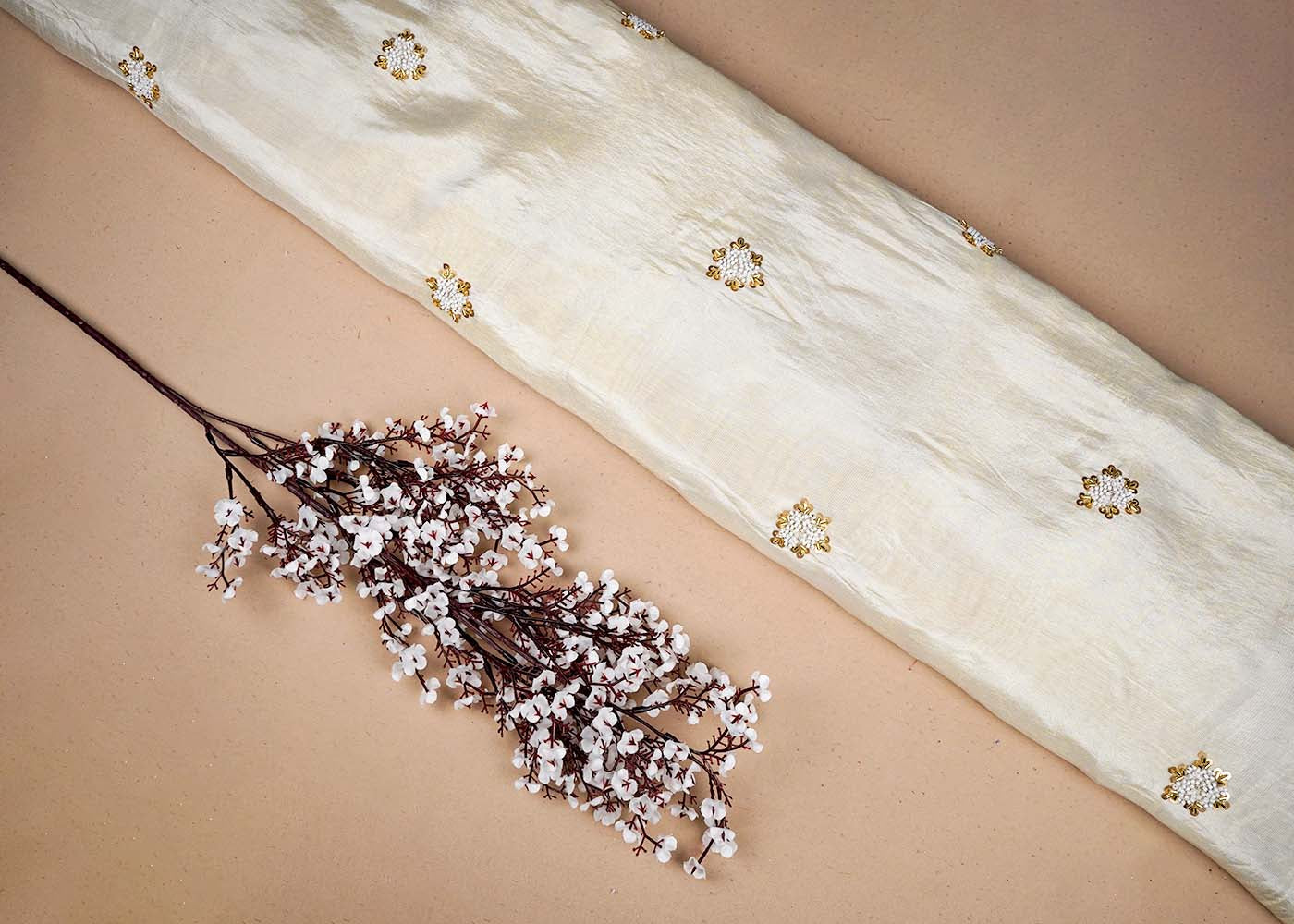 Golden Tissue Fabric With All Over Buti Of Sequins, Katdana And Bead Work 16453