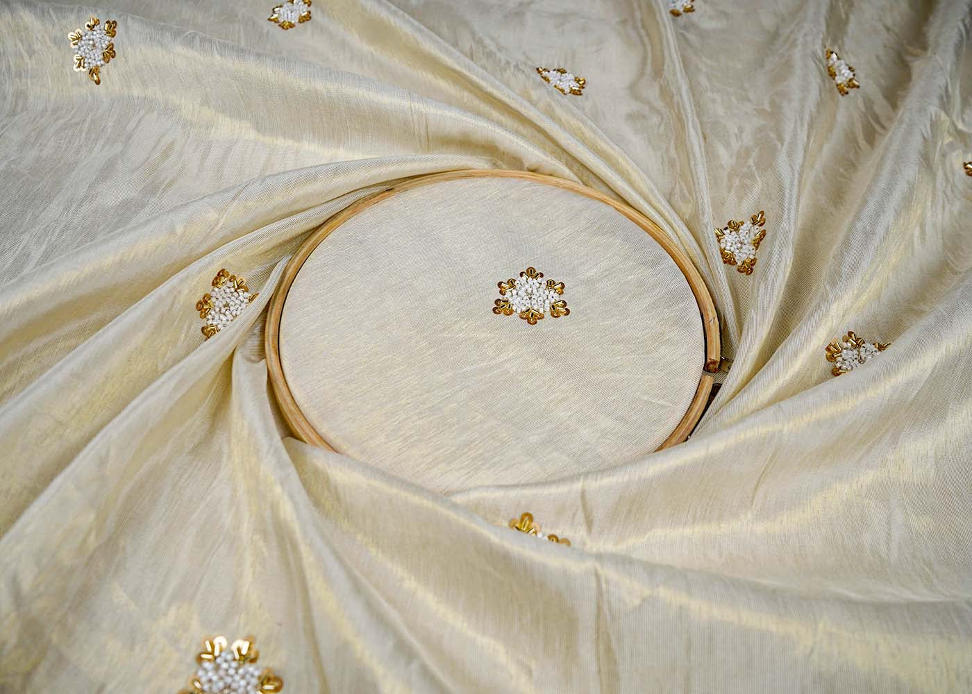 Golden Tissue Fabric With All Over Buti Of Sequins, Katdana And Bead Work 16453