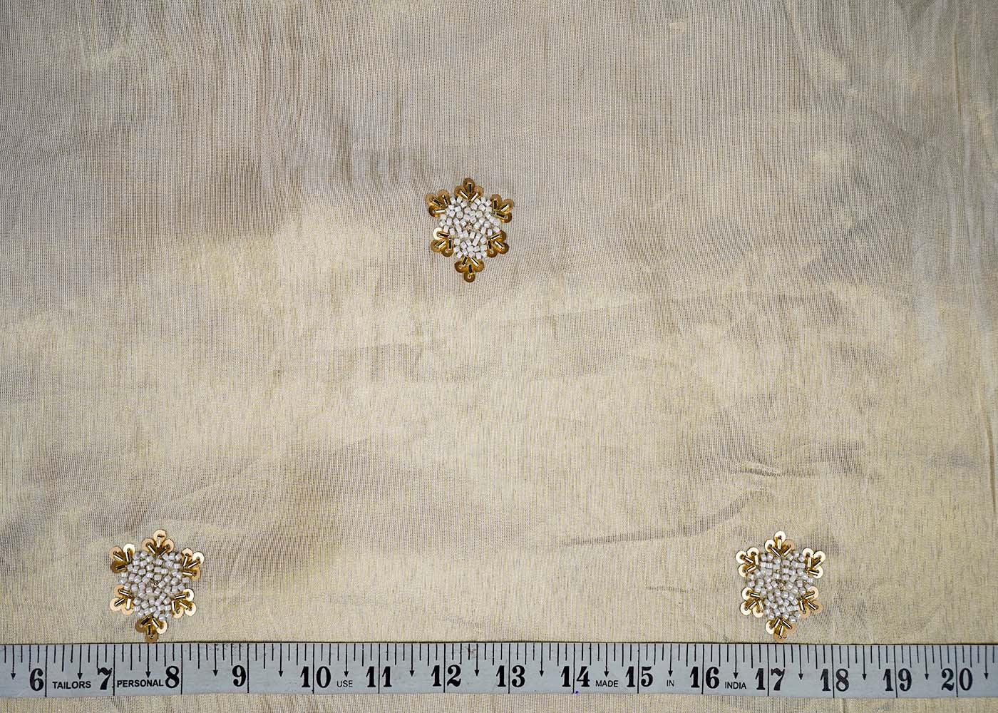 Golden Tissue Fabric With All Over Buti Of Sequins, Katdana And Bead Work 16453