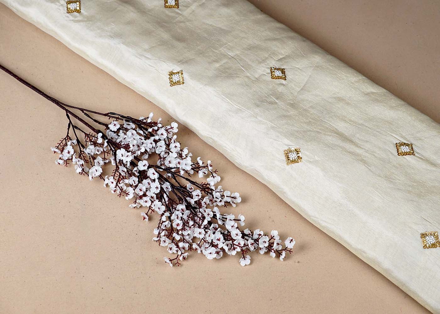Golden Tissue Fabric With All Over Buti Of Sequins, Katdana And Bead Work 16454