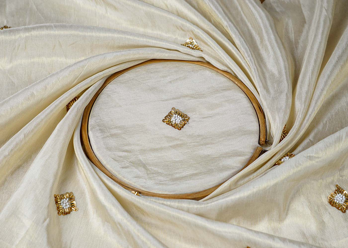 Golden Tissue Fabric With All Over Buti Of Sequins, Katdana And Bead Work 16454