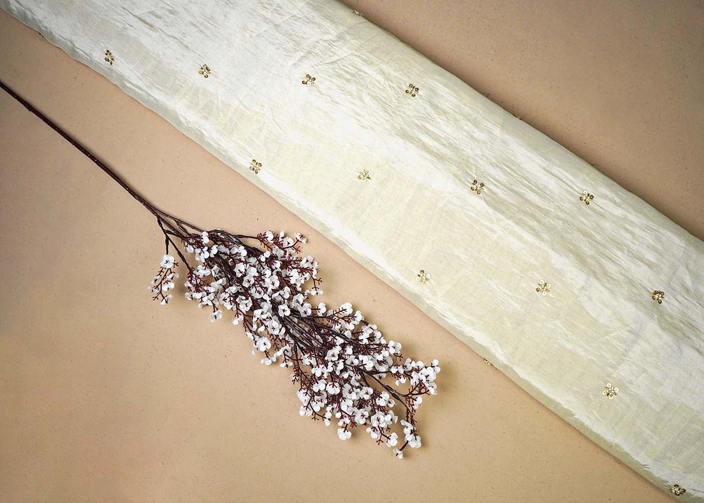 Golden Tissue Fabric With All Over Buti Of Sequins, Katdana And Bead Work 16455