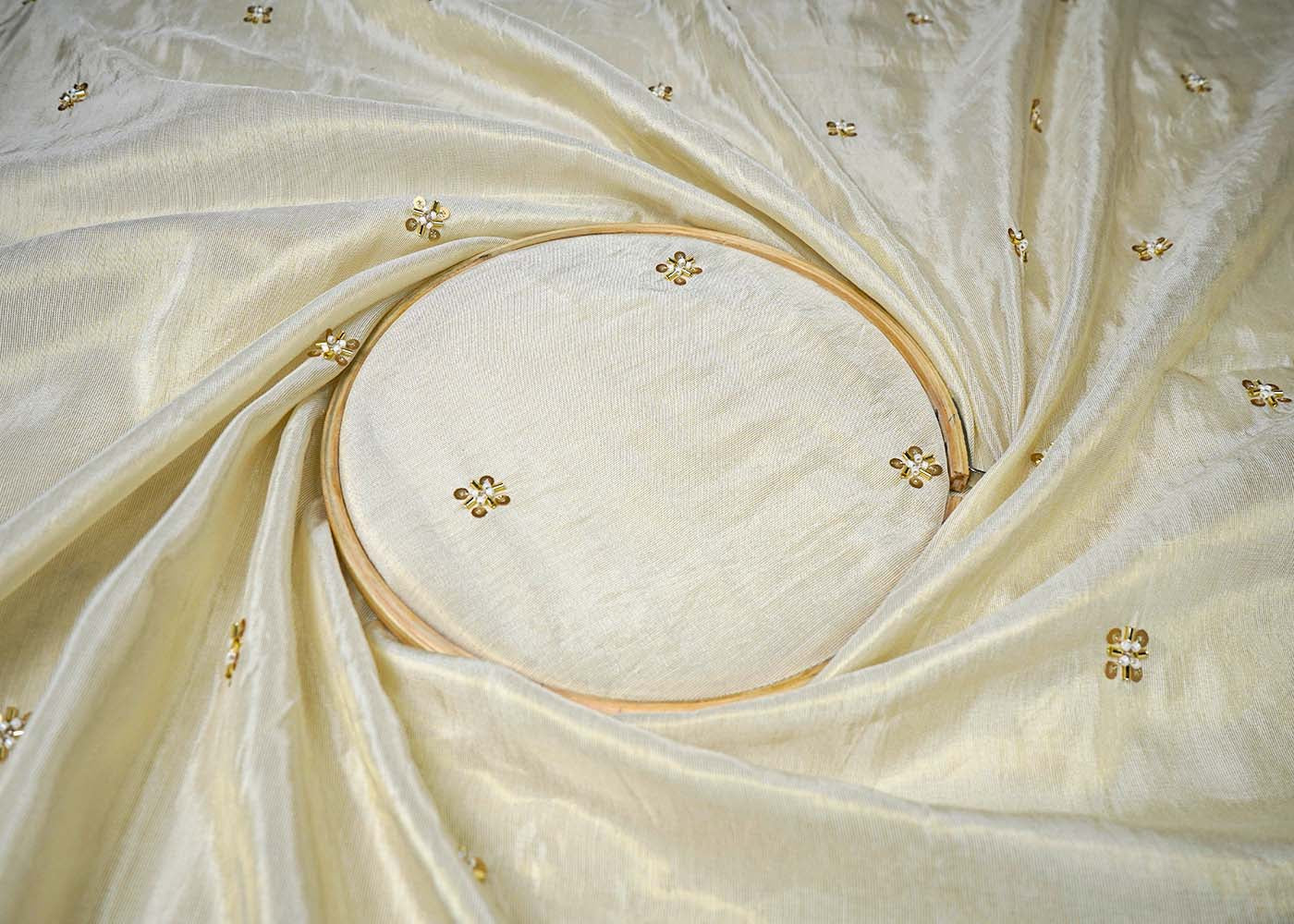 Golden Tissue Fabric With All Over Buti Of Sequins, Katdana And Bead Work 16455