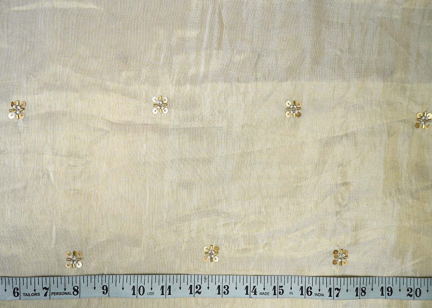 Golden Tissue Fabric With All Over Buti Of Sequins, Katdana And Bead Work 16455