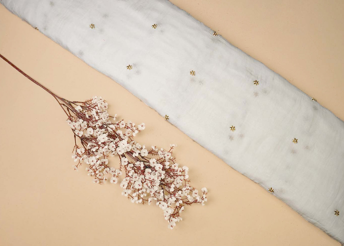 White Organza Fabric With All Over Buti Of Sequins, Katdana And Bead Work 16456