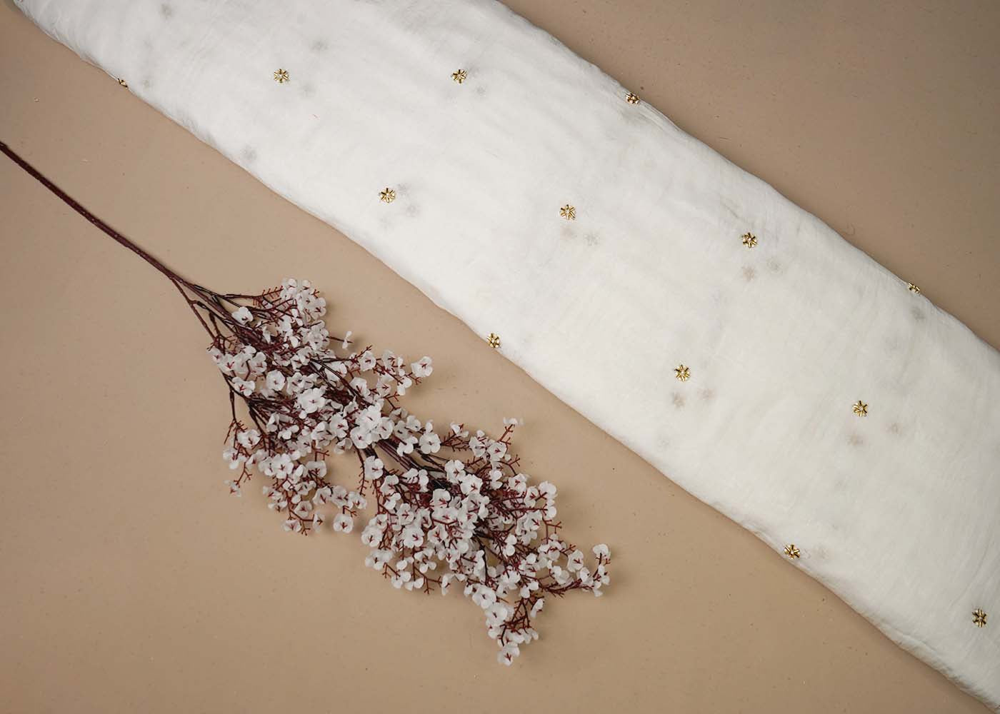 White Organza Fabric With All Over Buti Of Sequins, Katdana And Bead Work 16456