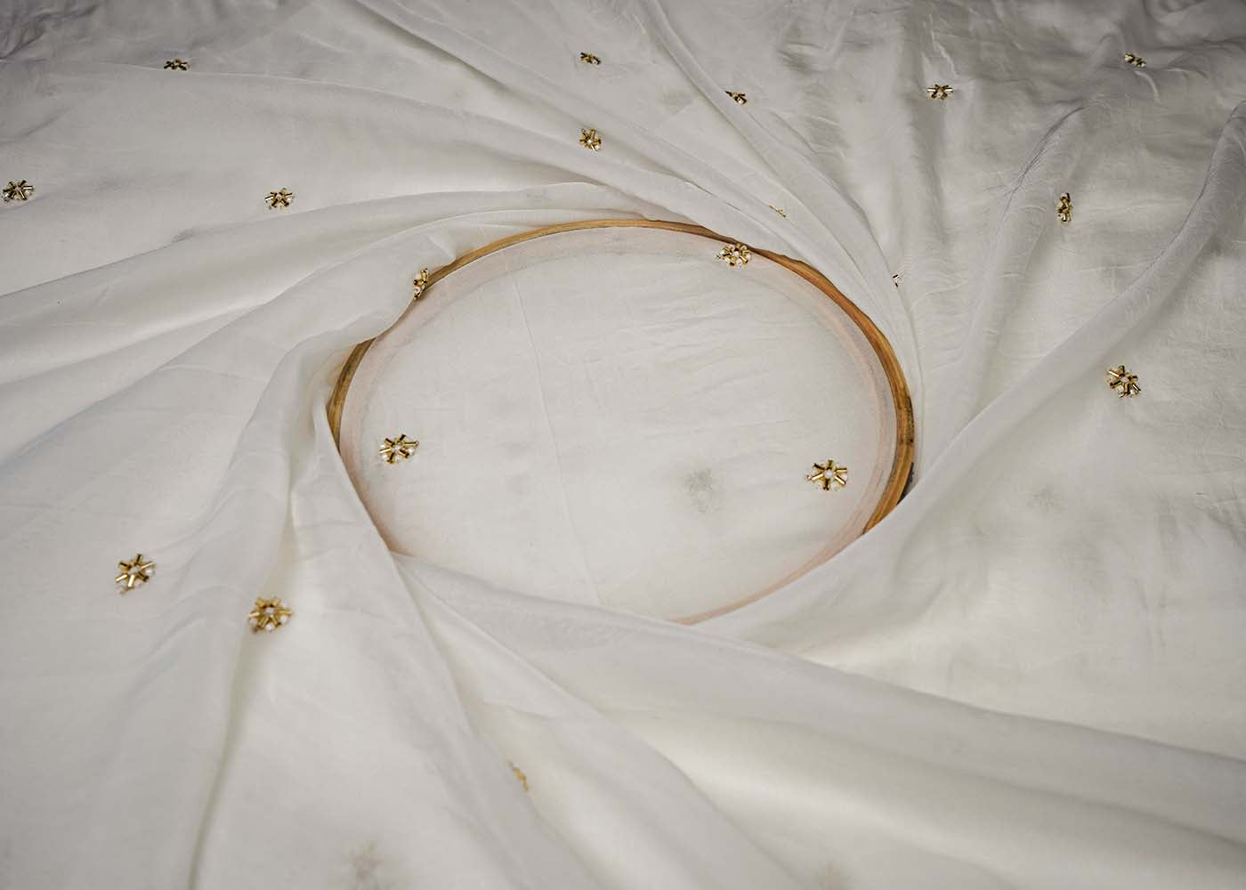 White Organza Fabric With All Over Buti Of Sequins, Katdana And Bead Work 16456