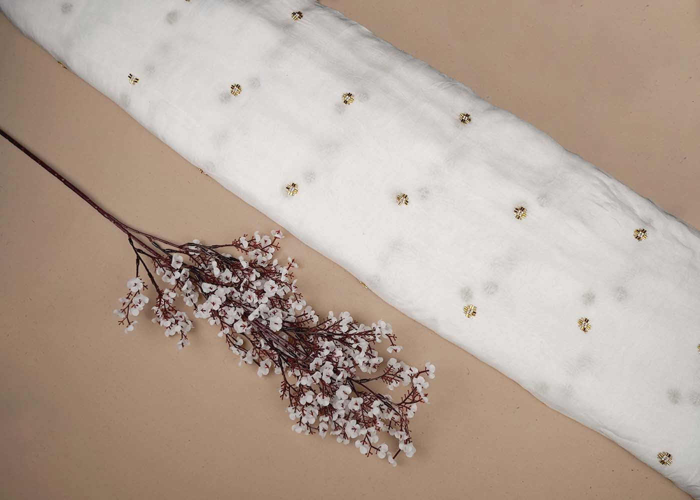 White Organza Fabric With All Over Buti Of Sequins, Katdana And Bead Work 16457