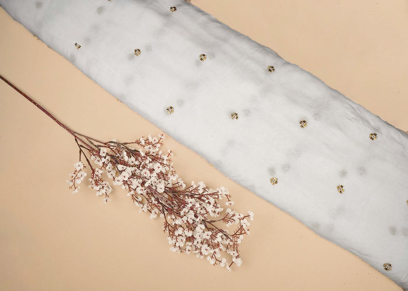 White Organza Fabric With All Over Buti Of Sequins, Katdana And Bead Work 16457