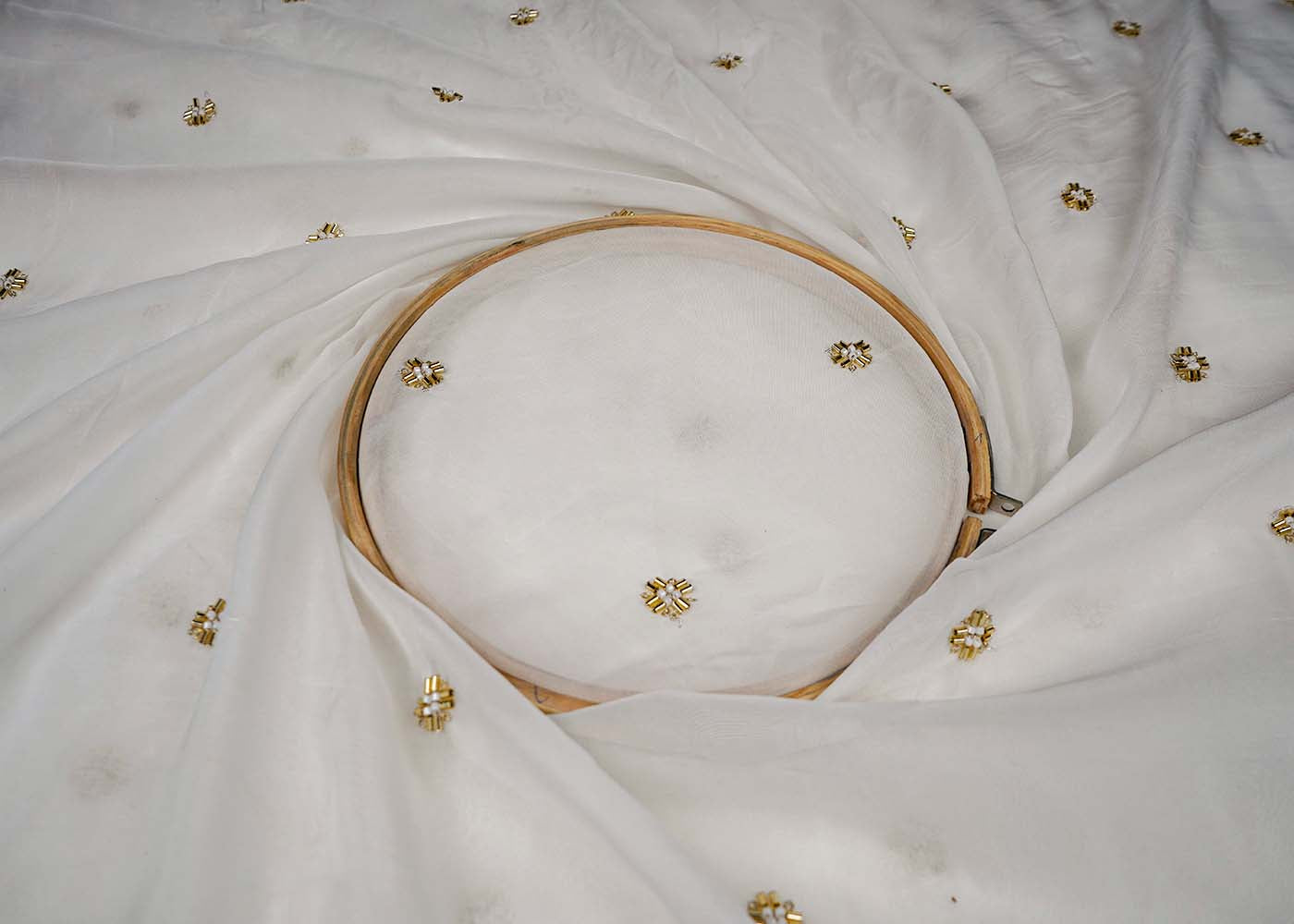 White Organza Fabric With All Over Buti Of Sequins, Katdana And Bead Work 16457