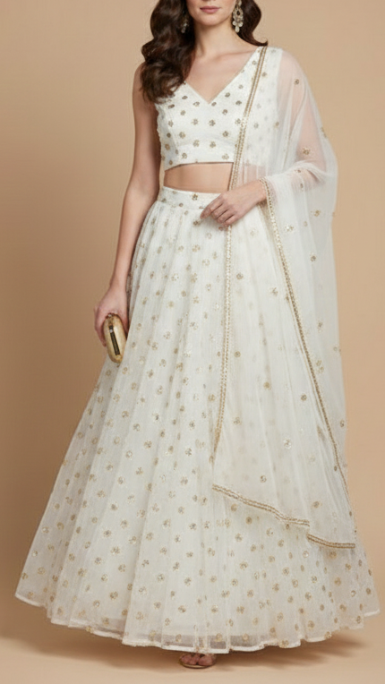 The Noor - White Dyeable Organza Fabric With Classic Buti Of Sequins, Katdana And Bead | 16457