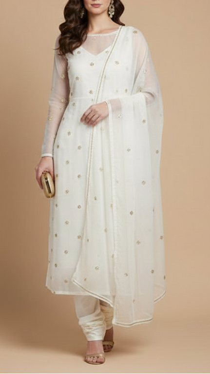 The Noor - White Dyeable Organza Fabric With Classic Buti Of Sequins, Katdana And Bead | 16457