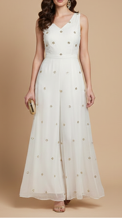 The Noor - White Dyeable Organza Fabric With Classic Buti Of Sequins, Katdana And Bead | 16457