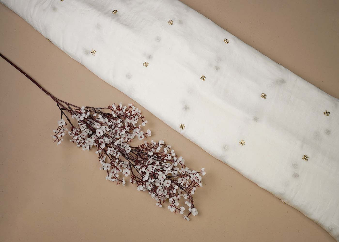 White Organza Fabric With All Over Buti Of Sequins, Katdana And Bead Work 16458