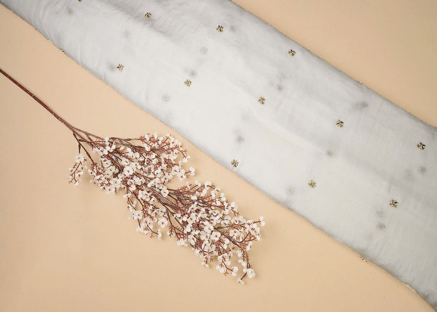 White Organza Fabric With All Over Buti Of Sequins, Katdana And Bead Work 16458