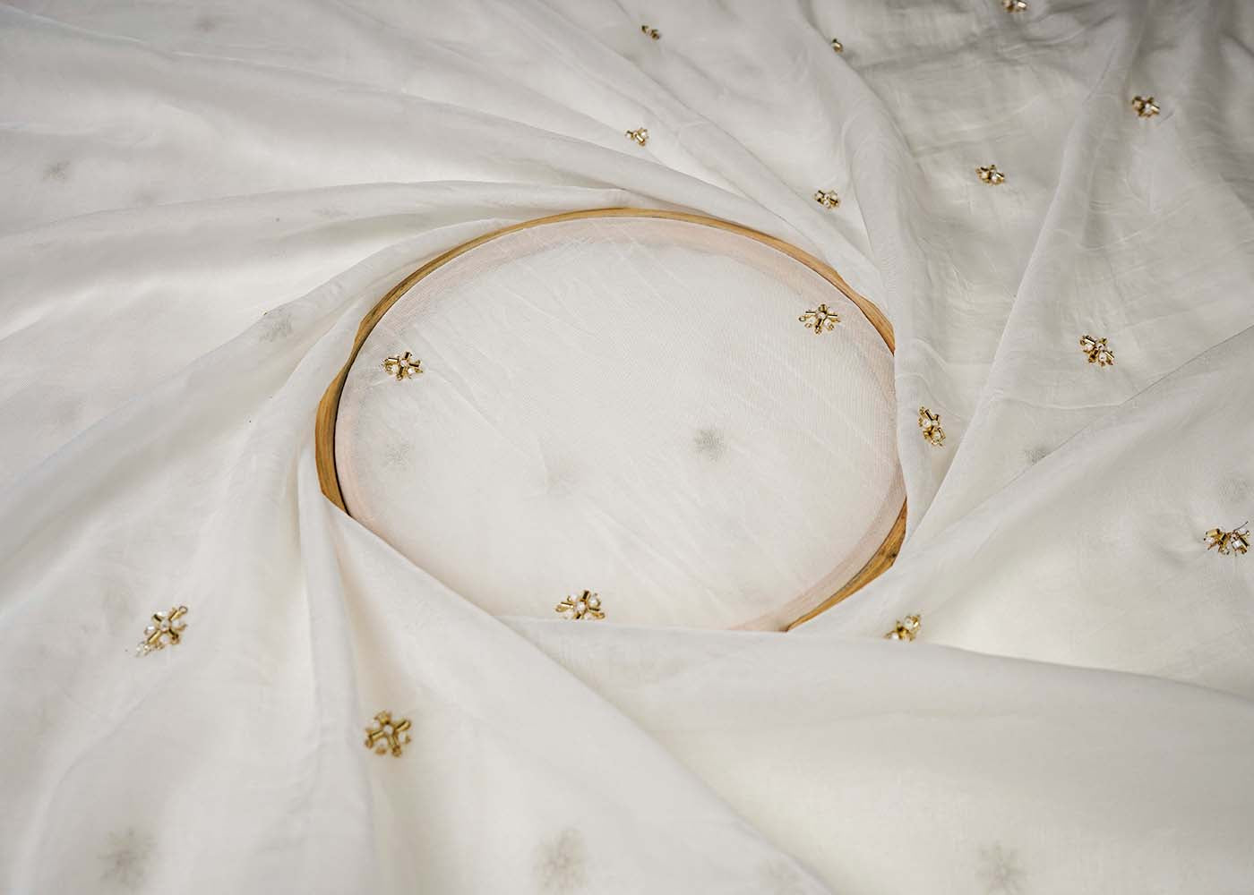 White Organza Fabric With All Over Buti Of Sequins, Katdana And Bead Work 16458
