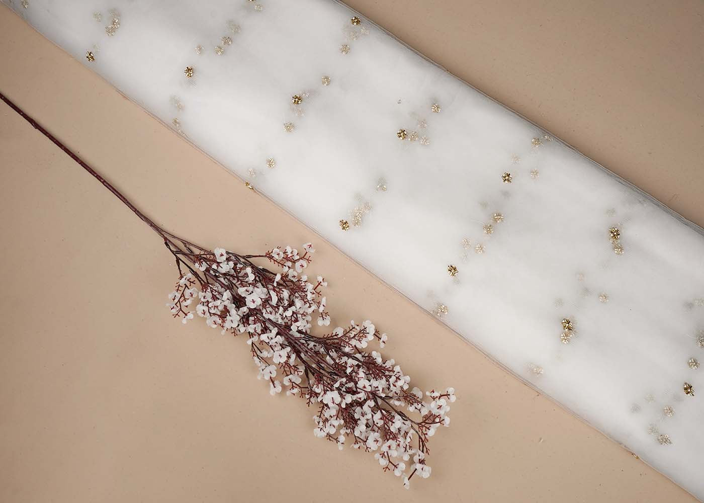 White Net Fabric With All Over Buti Of Sequins, Katdana And Bead Work 16459