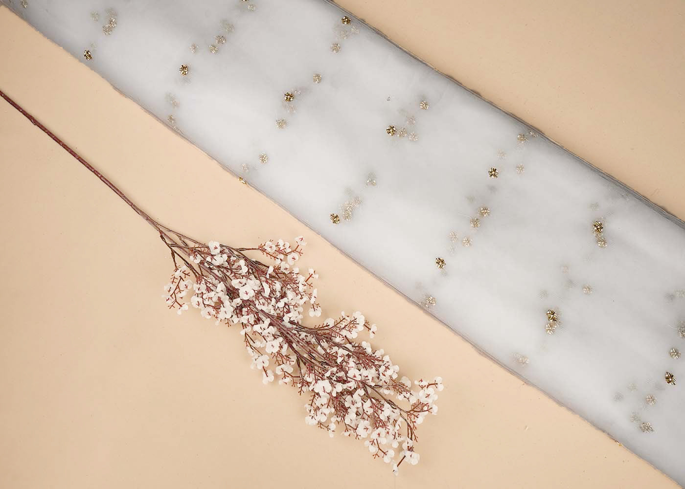 White Net Fabric With All Over Buti Of Sequins, Katdana And Bead Work 16459