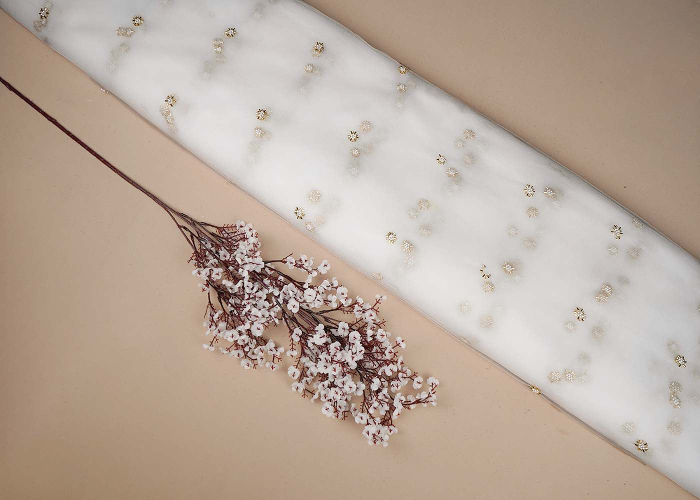 White Net Fabric With All Over Buti Of Sequins, Katdana And Bead Work 16460