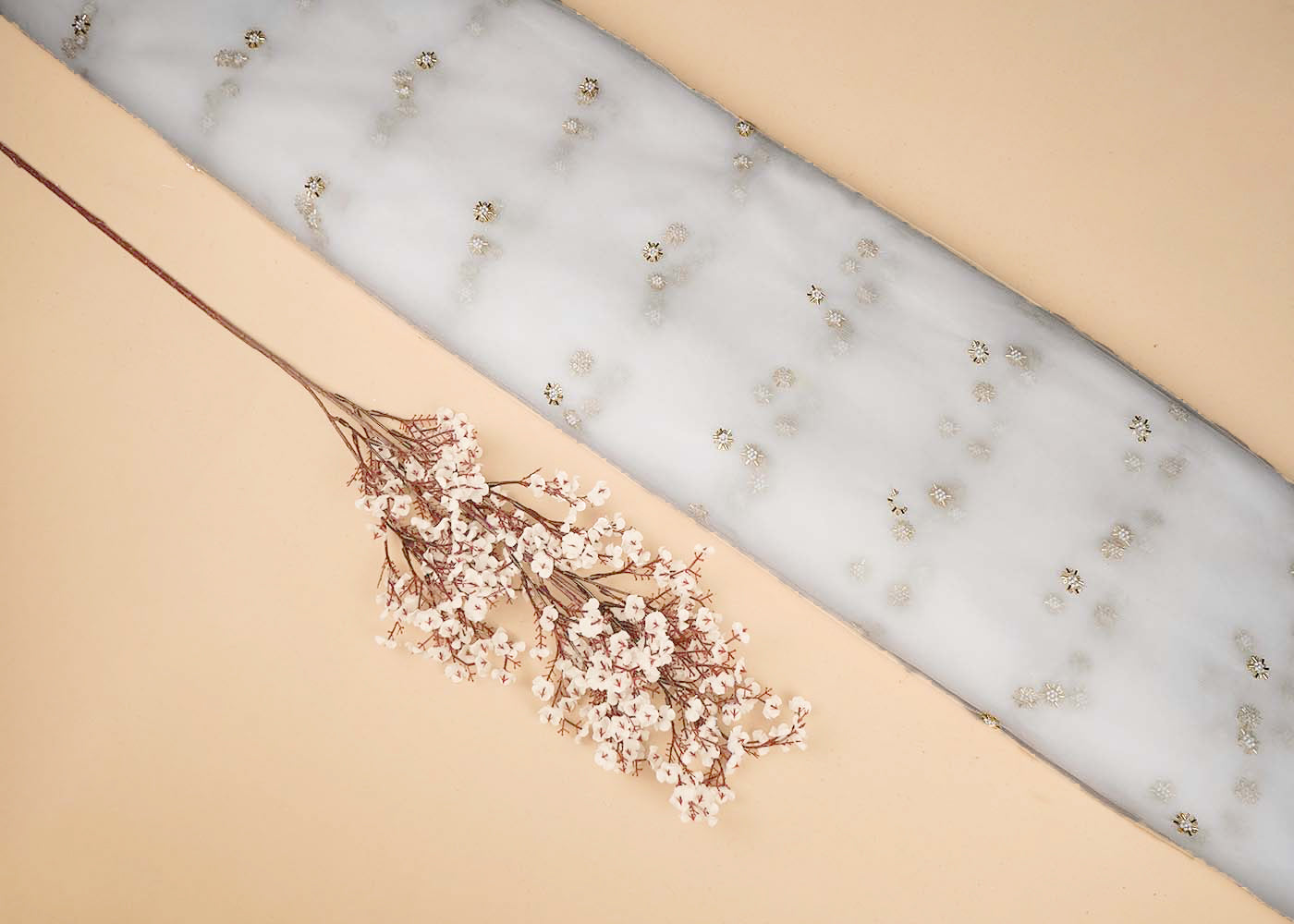 White Net Fabric With All Over Buti Of Sequins, Katdana And Bead Work 16460