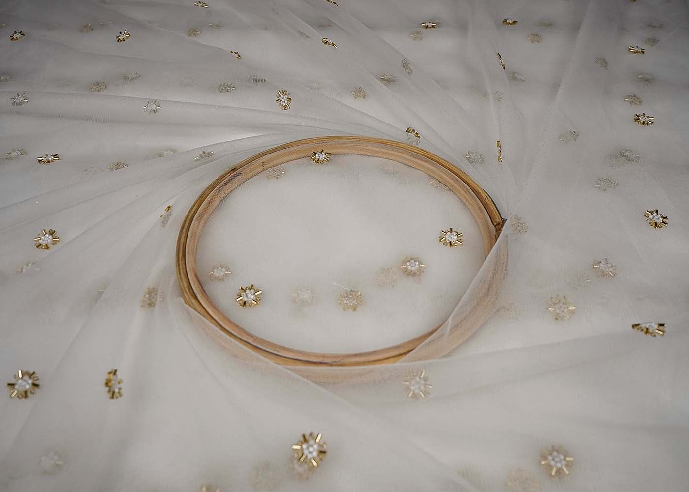 White Net Fabric With All Over Buti Of Sequins, Katdana And Bead Work 16460