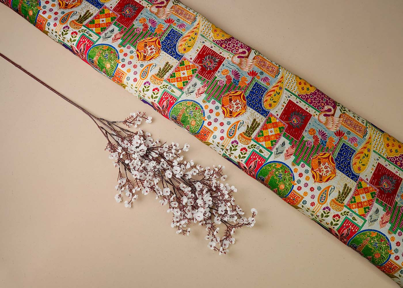 Off White Tissue Fabric With All Over Traditional Print With Zari Handloom 16461