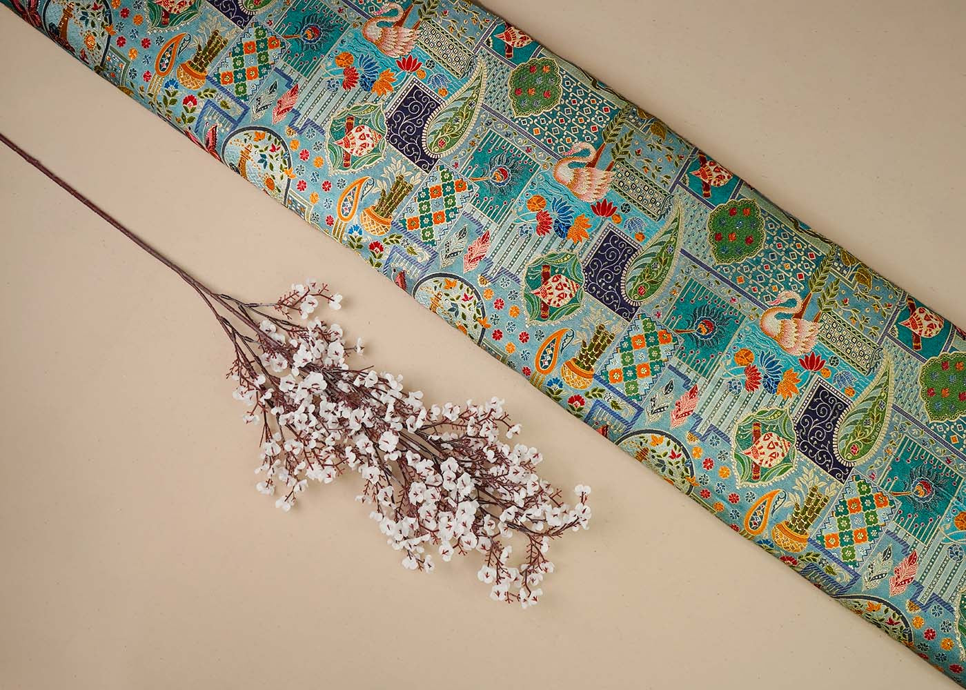 Powder Blue Tissue Fabric With All Over Traditional Print With Zari Handloom 16462