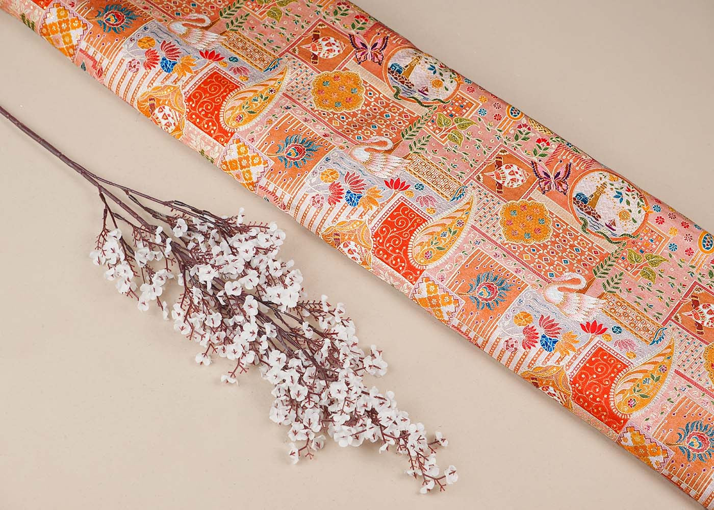 Peach Tissue Fabric With All Over Traditional Print With Zari Handloom 16463