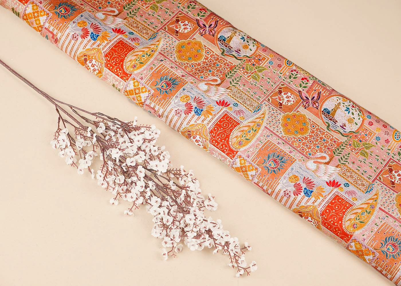 Peach Tissue Fabric With All Over Traditional Print With Zari Handloom 16463
