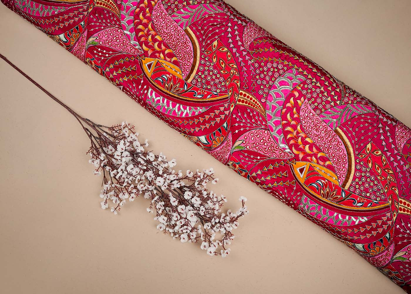 Pink Crepe Fabric With All Over Thread, Sequins And Zari Work 16464